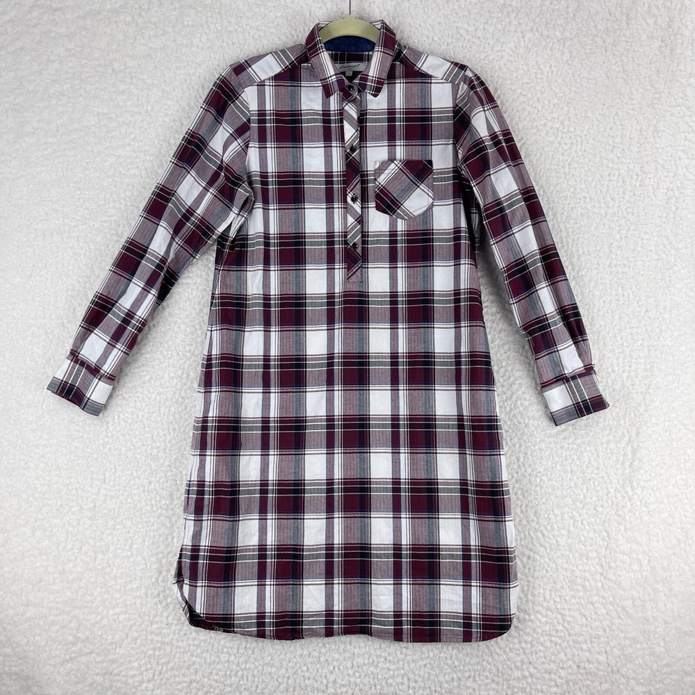 Foxcroft Maroon Plaid Print Long Sleeve‎ Shirt Dress Womens Button-Up Size 4